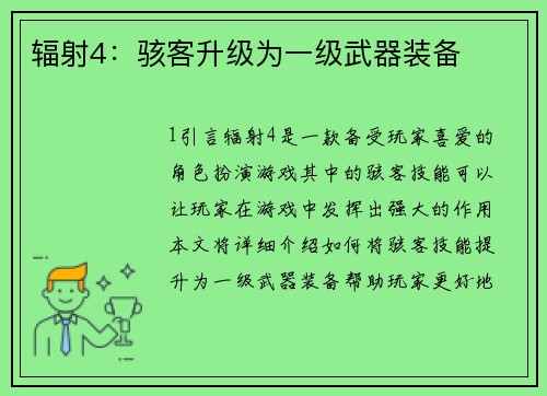 辐射4：骇客升级为一级武器装备